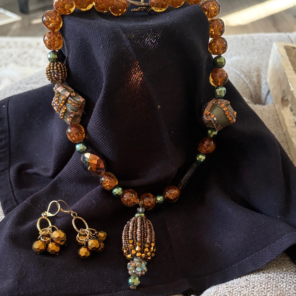 Elegant Amber Beaded Necklace and Earring Set Amber Glow